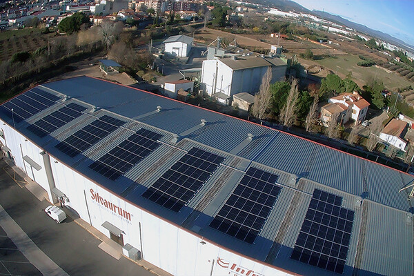 Panells solars a la teulada de la planta productora de l'Avellanera a la Selva del Camp